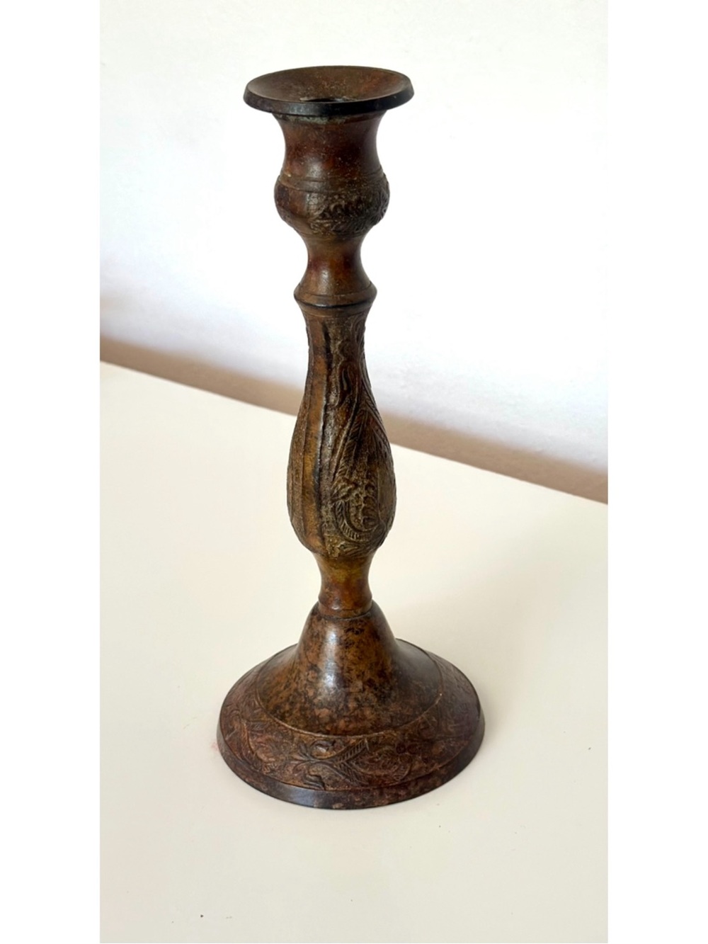 Vintage Etched Boho Ornate India Patina Tapered Candlestick Holder